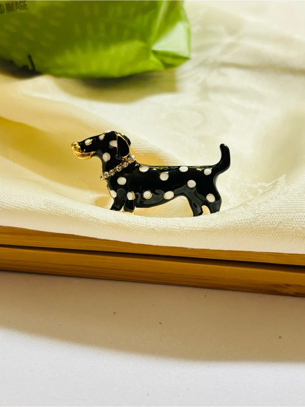 Source Unknown Black and White Polka Dot Dachshund Enamel Brooch